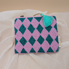 Tasche_Etui_Kosmetiktasche_Raute_rosa_gruen_Glasperlen_1